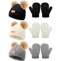 3 Set Toddler Hat Glove Set, Kids Winter Hats Warm Knitted Beanie Mittens Gloves with Bow for Baby Girls Boys 0-6Y (White, Gray, Black)