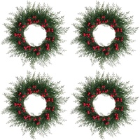 4 PCS 19 Inch Christmas Norfolk Red Berries Wreath for Door Windows Fireplace Kitchen Cabinets, XMAS Red Green Color Wreath Set for Indoor Outdoor Hom