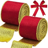 Red Velvet Wired Ribbon, Christmas Ribbon with Gold Metallic Glitter for Gift Wrapping Christmas Tree Decoration Topper Bows Making Wedding Decor Craf