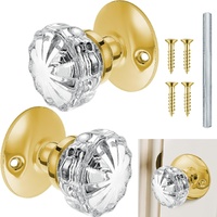 1 Set Glass Door Knobs Antique Crystal Vintage Mortise Style Fluted Replacement Kit with 2-1/2 in Satin Brass Privacy for Bedroom Bathroom(Gold) Gold