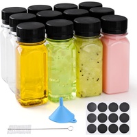 12 pcs 2oz Small Plastic Juice Bottles with Lids，Reusable Leak proof Ginger Shots Bottle with Black caps, Wellness Mini Jars Plastic Containers for Sm