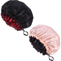 2 Pcs Silk Bonnet Sleep Cap, Adjustable Waterproof Satin Hair Night Cap, Double Layer for Women Girls Black Curly Hair