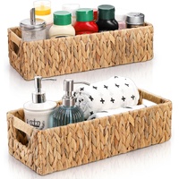 2 Pack Wicker Storage Baskets, Water Hyacinth Holder for Toilet Paper, Rectangular Natural Bins with Built-in Handles, Handwoven Organizer Bathroom Ki