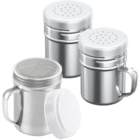 [1-pc] 6 oz Powdered Sugar Shaker Duster + [2-pcs] 6 oz Stainless Steel Salt Pepper Dredge Shakers - All with Plastic Caps and Handles Bundle
