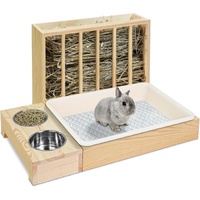 Wooden Rabbit Hay Feeder with 3-in-1 Litter Box and Bowls, Small Animal Rack for Guinea Pigs, Chinchillas, Hamsters, and Dwarf Rabbits - Wood Color