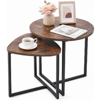 Nesting Side Tables Set of 2, Round End Tables with Rustic Brown Wood Look Top and Black Metal Frame, Space Saving Accent Coffee Tables for Living Roo