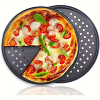 Two pizza baking pans, each 30.48 cm in diameter, feature ventilation holes for improved cooking efficiency and a non-stick coating, making them ideal