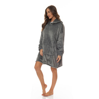 Royal Comfort Snug Hoodie Nightwear 750GSM Reversible Coral Fleece Grey