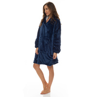 Royal Comfort Snug Hoodie Nightwear 750GSM Coral Fleece Navy