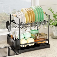 CARLA HOME 2-Tier Dish Drying Rack with Drainboard Utensil Holder Black