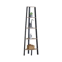 CARLA HOME 5 Tier Corner Shelf - Ladder Bookshelf - Metal Frame - Brown - Rustic
