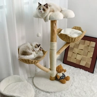 Real Wood Cat Tree Tower in Natural Wood for Indoor Cats Up to 10KG, 60x111cm