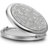 Mini Diamond 1X/2X Magnifying Round Metal Pocket Makeup Mirror Silver