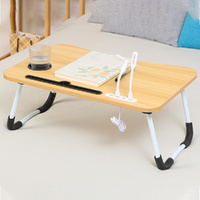 Wood Foldable Laptop Stand Desk with Cup Slot, Fan & Light