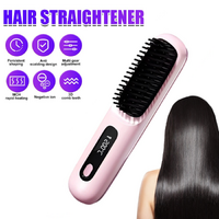 Pink Hair Straightener Brush Travel Mini Rechargeable Fast Heating