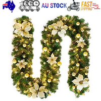 2.7M Christmas Garland with Lights Rattan Artificial Gold Fireplace