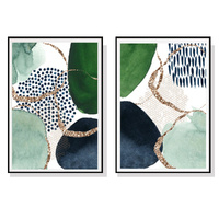 Artime Abstract Green Navy Wall Art 60x90cm Black Frame Canvas 2 Sets