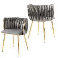 SERENITà Grey Modern Hand Weaving Dining Chairs,Velvet Upholstered Side Chairs with Gold Legs, Chic Vanity Chairs with Armrest, Accent Chair for Dinin