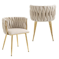 SERENITà Ivory Modern Hand Weaving Dining Chairs,Velvet Upholstered Side Chairs with Gold Legs, Chic Vanity Chairs with Armrest, Accent Chair for Dini