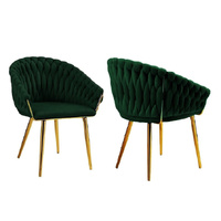 SERENITà Emerald Green Modern Velvet Dining Chairs, Upholstered Living Room Chair with Woven Back and Golden Metal Legs, Mid-Century Accent Set of 2(G