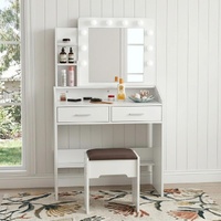 Diana Vanity Set with Shelves Cushioned Stool and Lighted Mirror- White