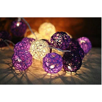 1 Set of Purple n White 5cm Rattan Cane 50 Ball Battery Powered LONG 5m String Lights Christmas Gift Home Wedding Party Bedroom Decoration Table Centr