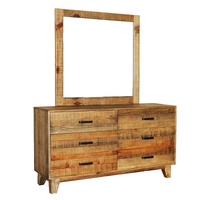 Dresser with 6 Storage Drawers in Solid Acacia With Mirror in Vintage Light Brown Colour