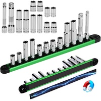 SEDY 12-Piece 10mm Socket Set, 1/4" & 3/8" Deep & Shallow Sockets with Extension Bars | Mirror Finish | Magnetic Storage Rail | Cr-V | 6 Point & 12 Po