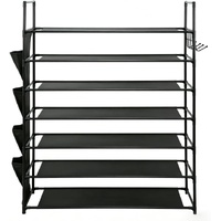 HORUSDY 7 Tier Shoe Rack Storage Organiser with Side Pockets & Hooks, Freestanding Metal Shoe Shelf for Entryway Bedroom Closet