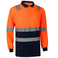 HI VIS Long Sleeve Workwear Shirt w Reflective Tape Cool Dry Safety Polo 2 Tone, Fluoro Orange / Navy, S
