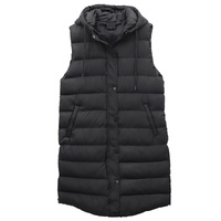 Women's Longline Padded Vest Hooded Jacket Puffer Puffy Quilted Zip Coat Gilet, Black, 16