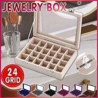 Velvet Jewelry Box Earring Organizer Display Case Storage Holder with 24 Grid - Grey