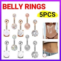 5Pcs Belly Bar Piercing Ring Crystal Zircon Surgical Steel Silver Jewellery - Silver