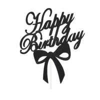 Happy Birthday Cake Topper Colour Printed Acrylic Party Decorations - Black-Bowknot