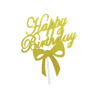 Happy Birthday Cake Topper Colour Printed Acrylic Party Decorations - Gold-Bowknot