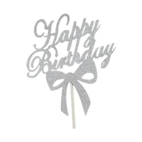 Happy Birthday Cake Topper Colour Printed Acrylic Party Decorations - Silver-Bowknot
