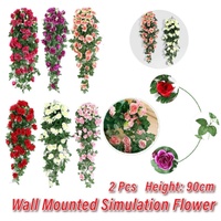 2PCS Artificial Rose Flower Garland Hanging Vine Home Wall Decor Fake Rattan - Rose Red