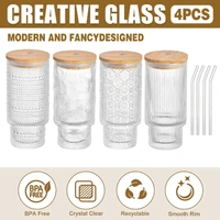 4PCS 11OZ Juice Cup with Lid and Straw Creative Glass Drink Cup for Home Office