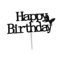 Happy Birthday Cake Topper Colour Printed Acrylic Party Decorations - Black-Butterfly