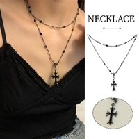 Women Fashion Double Layer Cross Pendant Necklace Retro Casual Sweater Chain