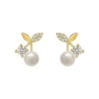 Fashion Pearl Wedding Earrings Zircon Cherry Stud Pearl Earrings for Women - Cherry