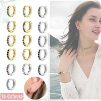 925 Sterling Silver Gold Rings Plated Cubic Crystal Cuff Huggie Hoop Earrings Au - Silver-Clear Crystal