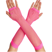 Long Elbow Length Fishnet Gloves Fingerless 70s 80s Womens Costume Party Dance in Hot Pink