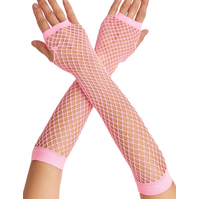 Long Elbow Length Fishnet Gloves Fingerless 70s 80s Womens Costume Party Dance in Light Pink