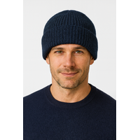 Mens Shetland Ragg Wool Beanie Hat Fishermans Rib Winter Knit Ski Pull On  - Navy