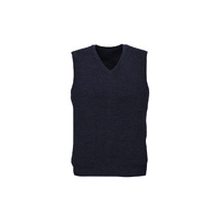 Mens Wool Blend V Neck Vest Sleeveless Double Knit  - Navy - X-Small