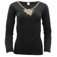 Womens Merino Wool Blend Thermal Top Long Sleeve V Neck Spencer Warm - Black - 14-16