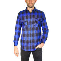 Mens Flannelette Long Sleeve Shirt 100% Cotton Check Authentic Flannel - Full Placket - Royal Blue  - L