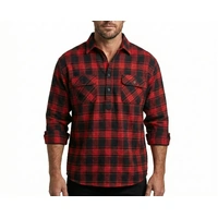 Mens Flannelette Long Sleeve Shirt 100% Cotton Authentic Flannel - Half Placket - Red