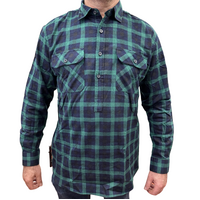 Mens Flannelette Long Sleeve Pullover Shirt 100% Cotton Flannel - Half Placket - Green/Navy - 4XL
